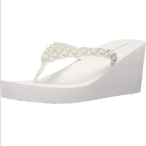 White platform flip flops
